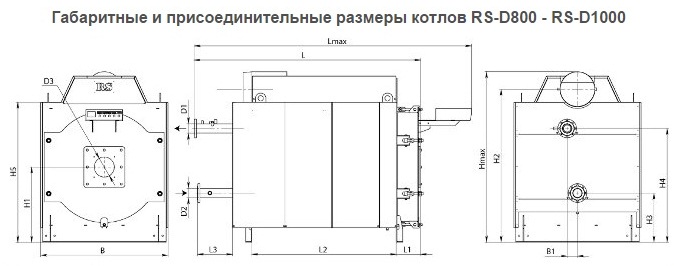 Габаритные и присоединительные размеры котлов RS-D800 - RS-D1000