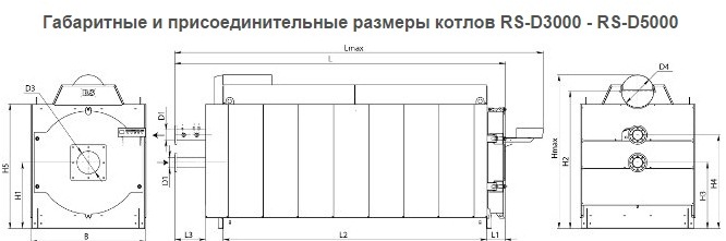 Габаритные и присоединительные размеры котлов RS-D3000 - RS-D5000