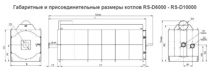 Габаритные и присоединительные размеры котлов RS-D6000 - RS-D10000